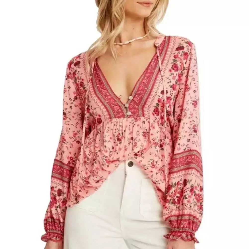 SOLD OUT Pink Floral Gypsy Bohemian Button Long Sleeve Top - Picture 3 of 11